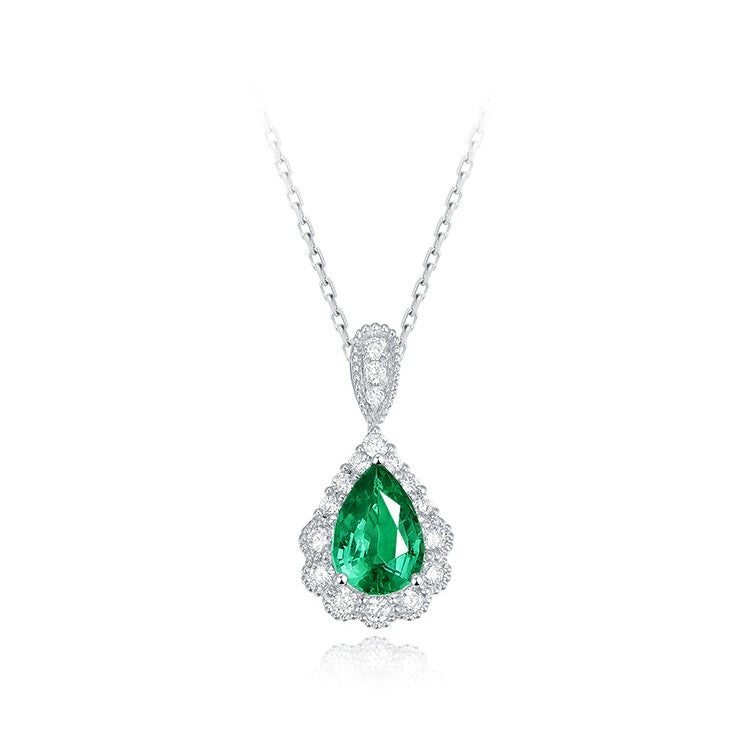Pear Shaped Emerald and Diamond Pendant Necklace - image 1