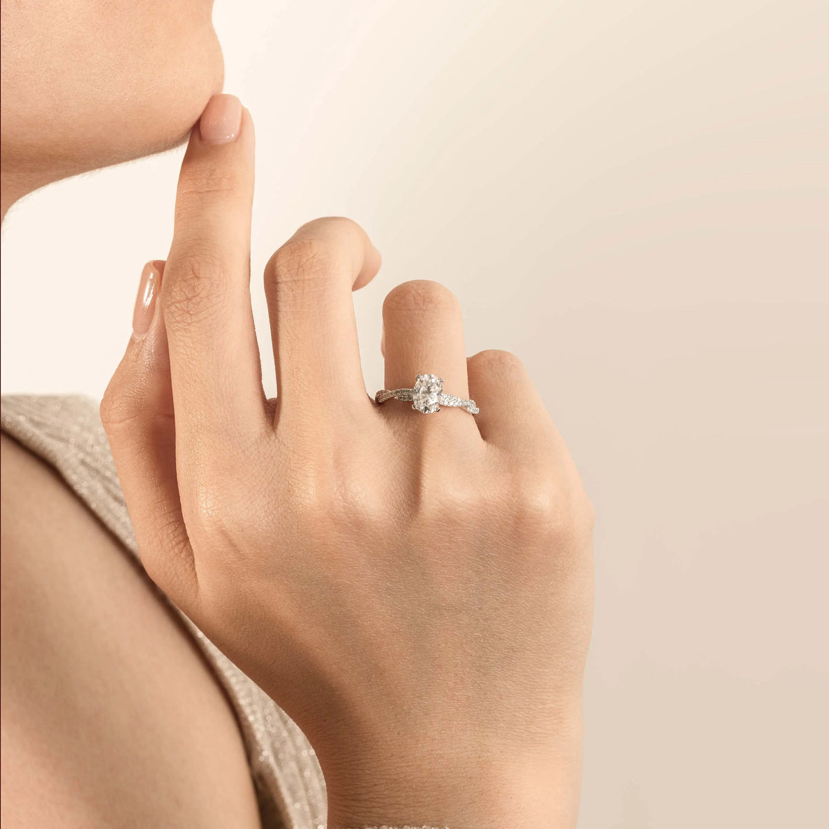 Lab Grown Oval Cut Pavé Twist Diamond Engagement Ring - image 3