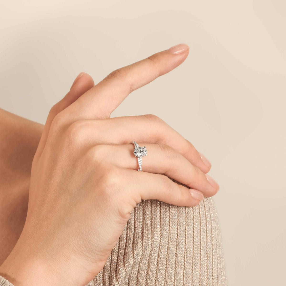 Lab Grown Oval Cut Pavé Twist Diamond Engagement Ring - image 4