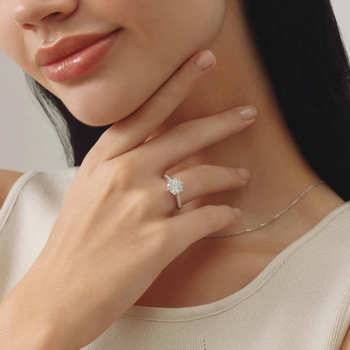 Lab Grwon Round Solitaire Pavé with 6-Prong Engagement Ring - image 4