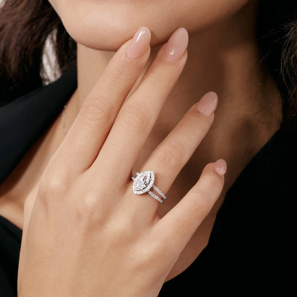Marquise Cut Lab Grown Diamond Double Band Pavé Engagement Ring - image 3
