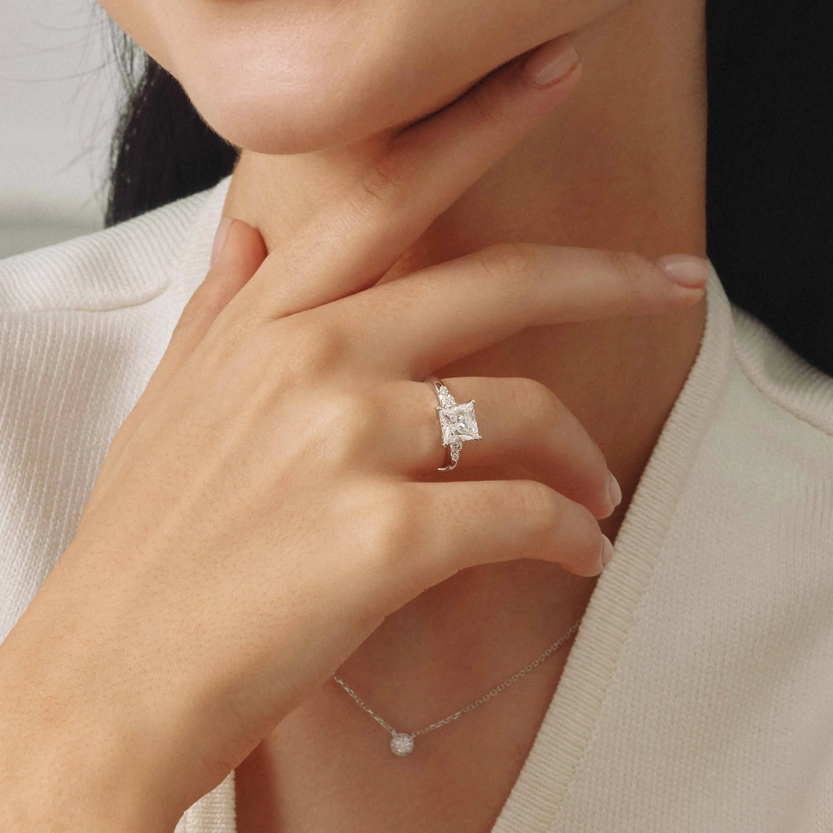 Princess Cut Lab Grown Side-Stone Engagement Ring - image 2