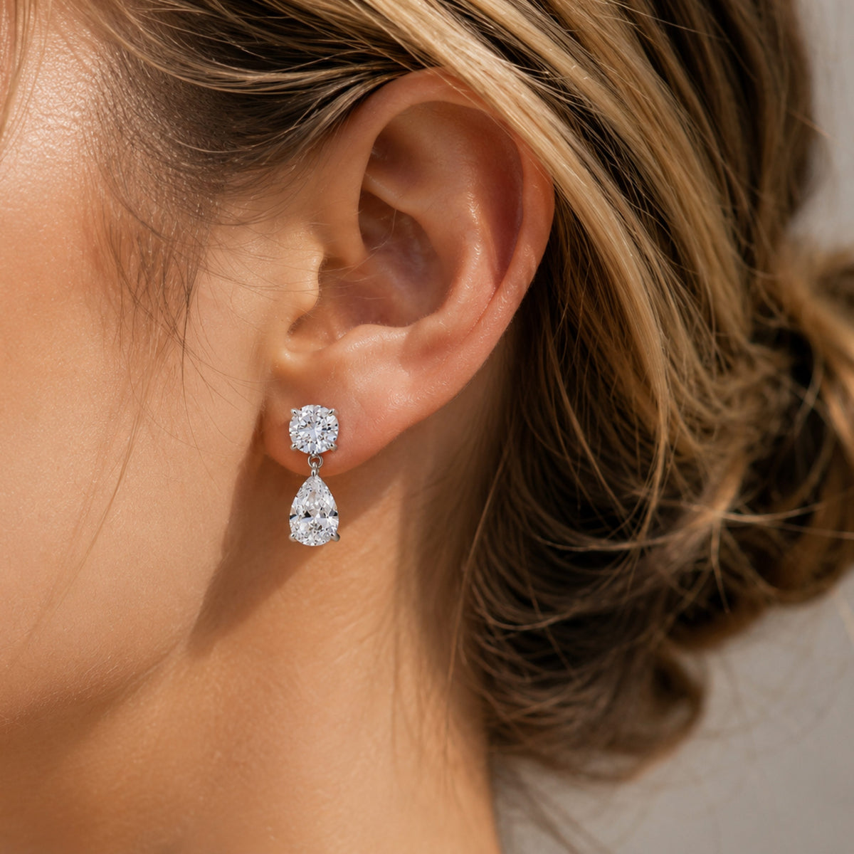 14K Gold Lab Grown Diamond Round & Pear Drop Earrings - image 2