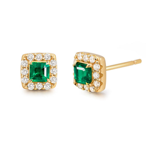 18K Yellow Gold Emerald and Diamond Stud Earrings - image 1