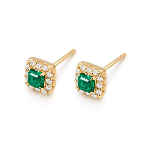 18K Yellow Gold Emerald and Diamond Stud Earrings - image 2