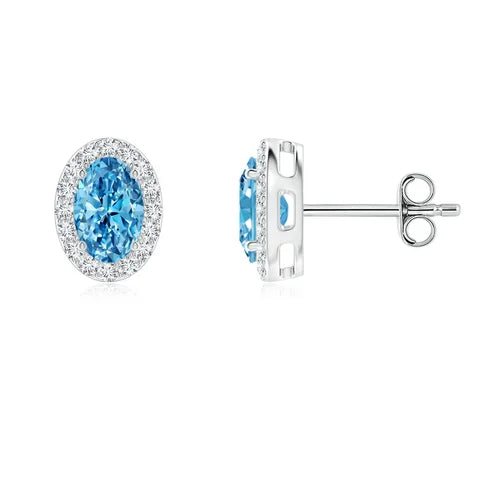 Oval Cut Lab-Grown Blue Diamond Halo Stud Earrings - image 1
