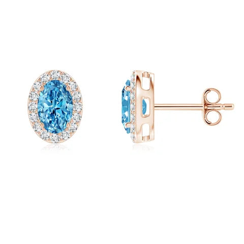 Oval Cut Lab-Grown Blue Diamond Halo Stud Earrings - image 2