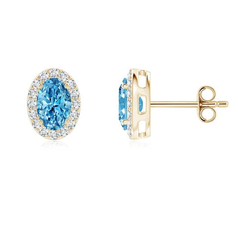 Oval Cut Lab-Grown Blue Diamond Halo Stud Earrings - image 3