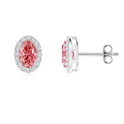 Oval Cut Lab-Grown Pink Diamond Halo Stud Earrings - image 1