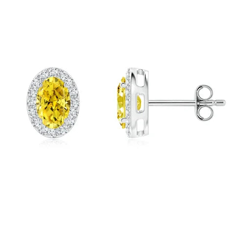 Oval Cut Lab-Grown Yellow Diamond Halo Stud Earrings - image 1