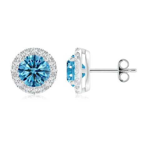 Round Cut Blue Lab-Grown Diamond Halo Stud Earrings - image 1