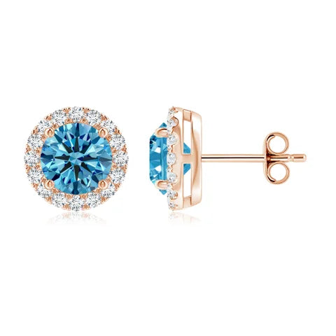 Round Cut Blue Lab-Grown Diamond Halo Stud Earrings - image 2