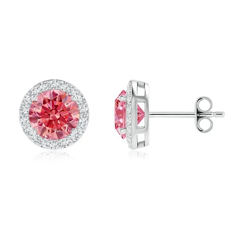 Round Cut Pink Lab-Grown Diamond Halo Stud Earrings - image 1