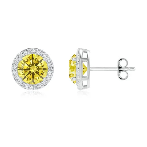 Round Cut Yellow Lab-Grown Diamond Halo Stud Earrings - image 1