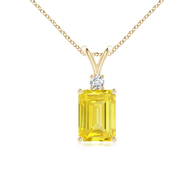 Emerald-Cut Lab-Grown Fancy Intense Yellow Diamond Solitaire Pendant with Accent - image 3