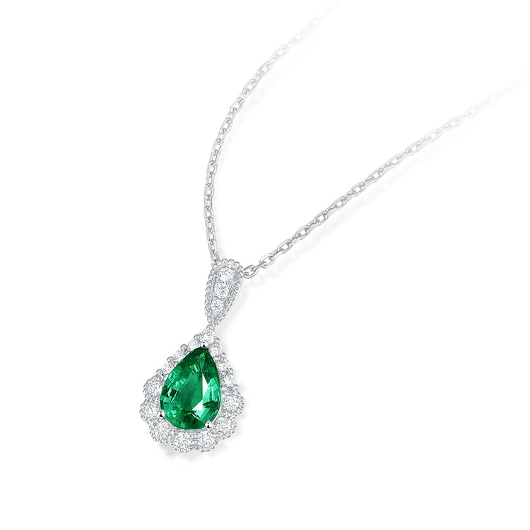 Pear Shaped Emerald and Diamond Pendant Necklace - image 2