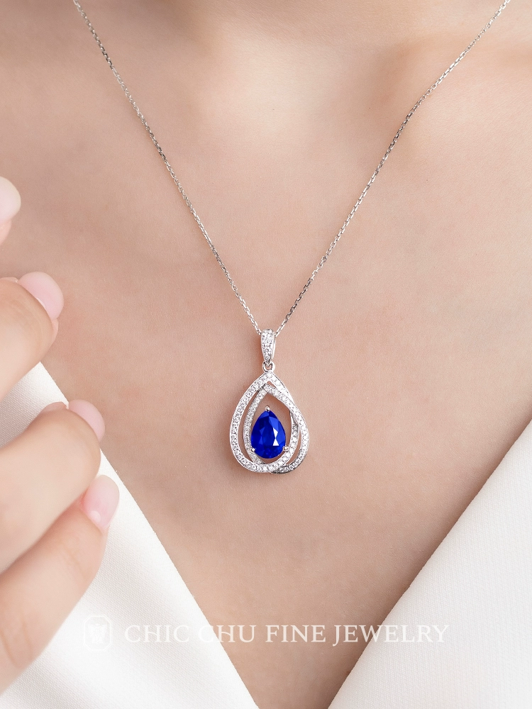 Pear-Shaped Sapphire and Diamond Pendant Necklace - image 5