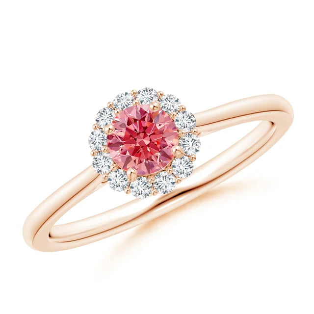 Classic Round Lab-Grown Fancy Intense Pink Diamond Scalloped Halo Ring - image 2