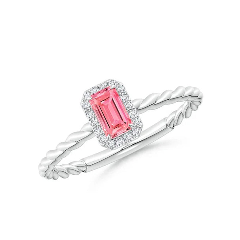 Emerald-Cut Lab-Grown Fancy Intense Pink Diamond Halo Twisted Shank Engagement Ring - image 1
