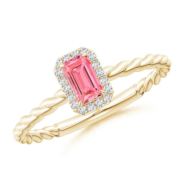 Emerald-Cut Lab-Grown Fancy Intense Pink Diamond Halo Twisted Shank Engagement Ring - image 4