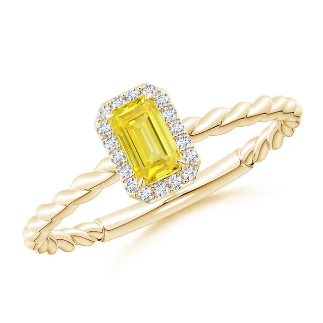 Emerald-Cut Lab-Grown Fancy Intense Yellow Diamond Halo Twisted Shank Engagement Ring - image 4