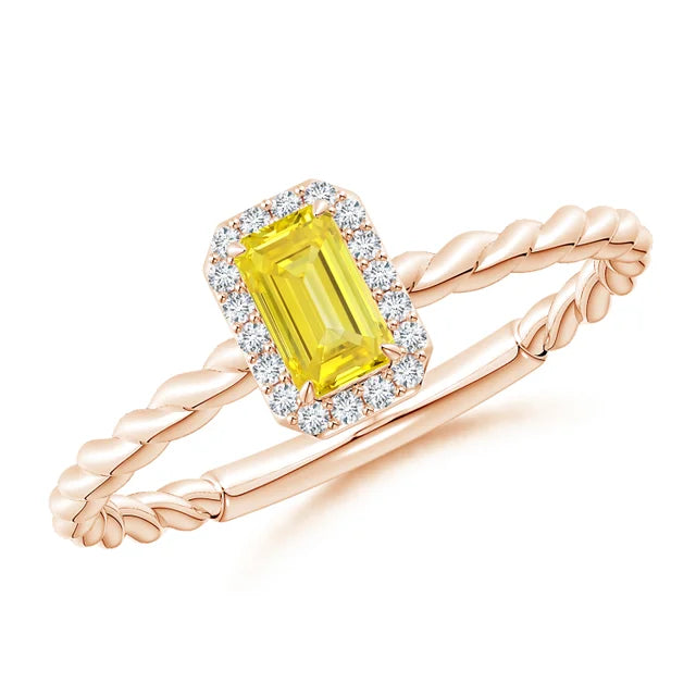 Emerald-Cut Lab-Grown Fancy Intense Yellow Diamond Halo Twisted Shank Engagement Ring - image 5